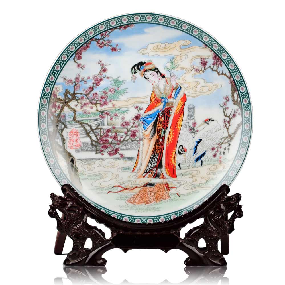 彩绘陶瓷盘中式侍女图粉彩瓷盘