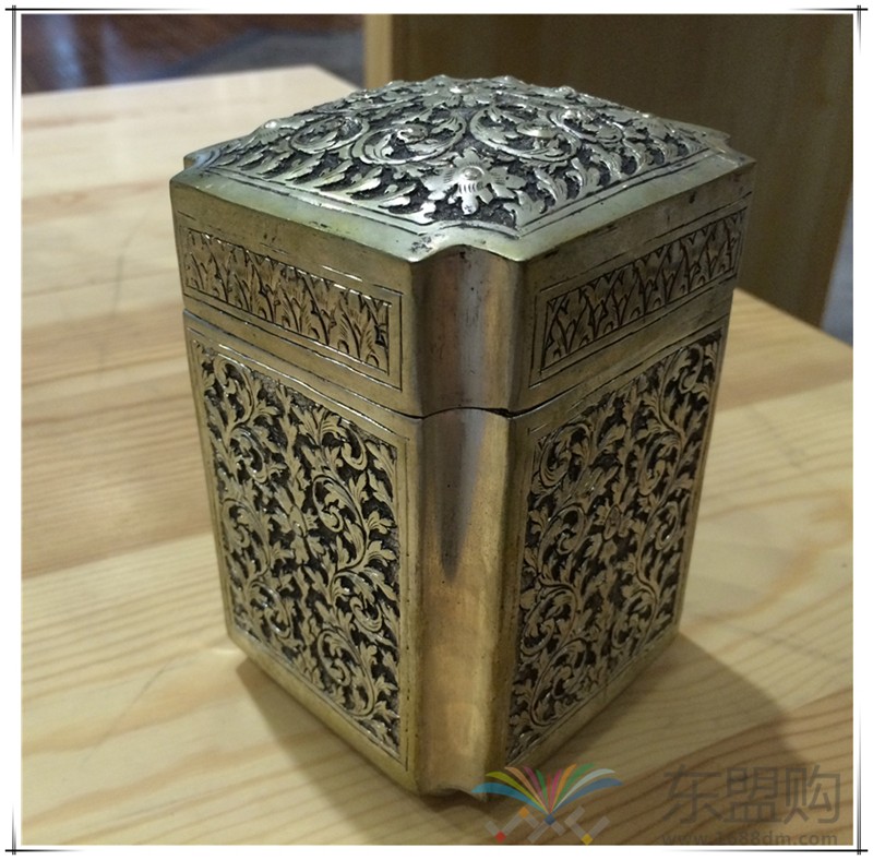 柬埔寨工艺品 银质雕花方形茶叶罐